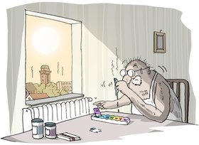 Älterer Mann, dem in seiner Medikamentenbox die Tabletten schmilzen. Illustration: Hannes Mercker 