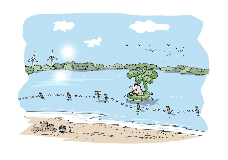 Person mit Wasserspielzeug in Palmenform im Bornhorster See. Illustration: Hannes Mercker