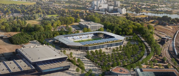 So soll das neue Stadion an der Maastrichter Straße aus der Vogelperspektive aussehen. Quelle: Stadion Oldenburg GmbH & Co. KG