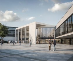 So soll der neu gestaltete Eingangsbereich bei den EWE-Arenen aussehen, der künftig direkten Einlass zu allen Gebäudeteilen ermöglicht. Visualisierung: MOKA Studio/gmp Architekten