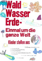 Von Kinderhand bedrucktes Bild von dem Projekt Wald Wasser Erde – Einmal um die ganze Welt Kinder stellen aus. Quelle: Laura Keppel
