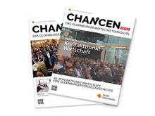 Die Titelseiten des Wirtschaftsmagazins CHANCEN 3/25 und des CHANCEN-Sonderhefts „40. Kontaktpunkt Wirtschaft – eine Oldenburger Erfolgsgeschichte“ zeigen Gäste verschiedener Netzwerktreffen der Wirtschaftsförderung Stadt Oldenburg. Fotos: Mohssen Assanimoghaddam/Markus Hibbeler. Titelgestaltung: Stockwerk2