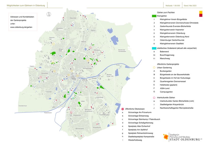 Übersichtsplan der Gartenprojekte in Oldenburg. Informationen hierzu erhalten Sie unter folgender Mailadresse: marieke.toben@stadt-oldenburg.de