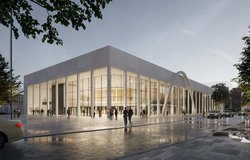 Auch in moderner Optik bleibt beim Neubau der Kongresshalle der charakteristische Rundbogen als Erkennungsmerkmal erhalten. Visualisierung: MOKA Studio/gmp Architekten