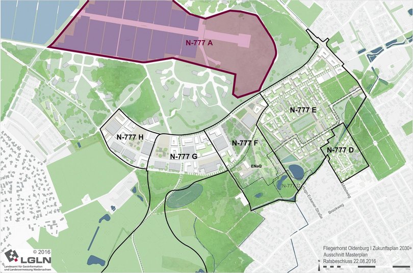 Masterplan Fliegerhorst mit markiertem Bebauungsplan N-777 A. Quelle: Machleidt/LGLN/Stadt Oldenburg