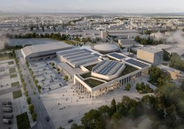 So fügen sich die Neubauten der Kongresshalle und der Festsäle in das Gesamtbild der Weser-Ems-Hallen ein. Visualisierung: MOKA Studio/gmp Architekten