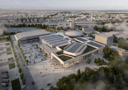 So fügen sich die Neubauten der Kongresshalle und der Festsäle in das Gesamtbild der Weser-Ems-Hallen ein. Visualisierung: MOKA Studio/gmp Architekten