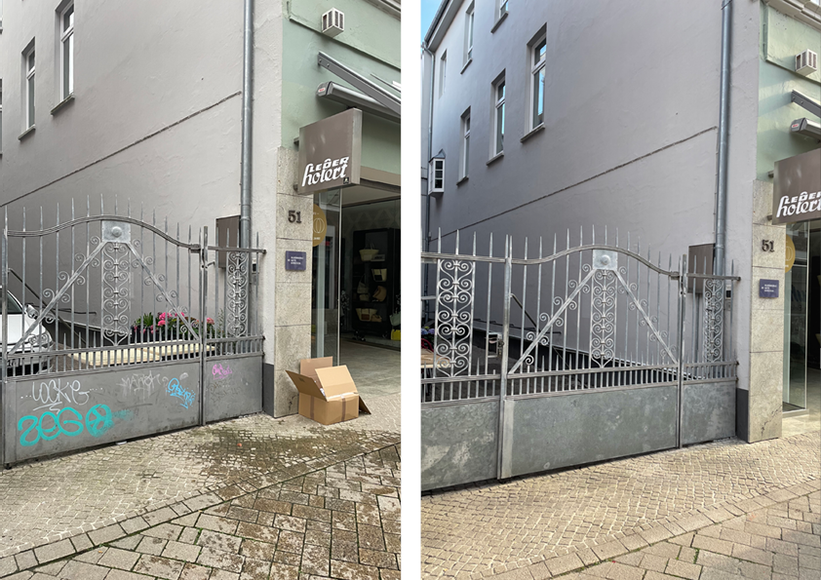 Aktion „einWANDfrei saubere City“ – Vorher/Nachher Haarenstraße 50. Fotos: Projekt „einWANDfrei“/Stadt Oldenburg