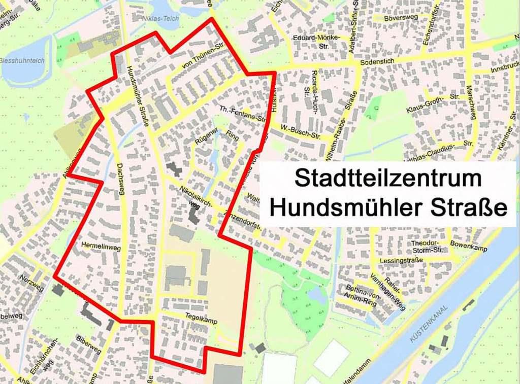 Auszug aus dem Stadtplan mit der Umgrenzung des Stadtteilzentrums Mittlere Hundsmühler Straße